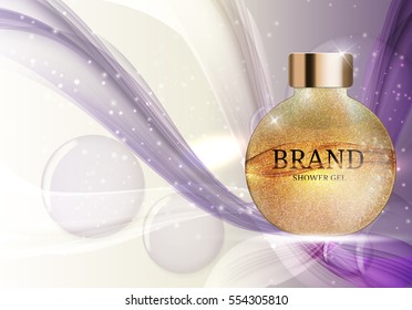 Shower Gel Bottle Template for Ads or Magazine Background. 3D Realistic Vector Iillustration. EPS10.