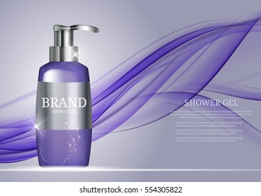 Shower Gel Bottle Template for Ads or Magazine Background. 3D Realistic Vector Iillustration. EPS10.