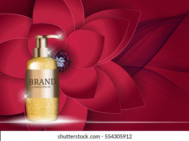 Shower Gel Bottle Template for Ads or Magazine Background. 3D Realistic Vector Iillustration. EPS10.