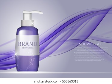 Shower Gel Bottle Template for Ads or Magazine Background. 3D Realistic Vector Iillustration. EPS10