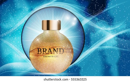 Shower Gel Bottle Template for Ads or Magazine Background. 3D Realistic Vector Iillustration. EPS10