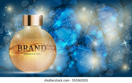 Shower Gel Bottle Template for Ads or Magazine Background. 3D Realistic Vector Iillustration. EPS10