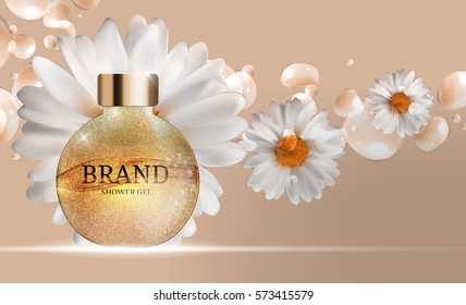 Shower Gel Bottle Template for Ads or Magazine Background. 3D Realistic Vector Iillustration. EPS10