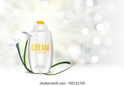 Shower Gel Bottle Template for Ads or Magazine Background. 3D Realistic Vector Iillustration. EPS10
