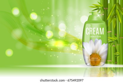 Shower Gel, Cream Bottle with Flowers Chamomile Template for Ads, Announcement Sale, Promotion New Product or Magazine Background. 3D Realistic Vector Iillustration. EPS10