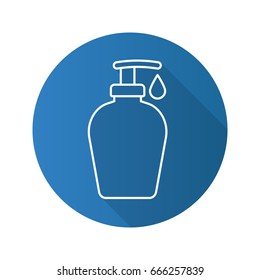Shower gel flat linear long shadow icon. Liquid soap bottle with drop. Vector outline symbol