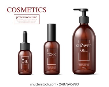 Shower gel, hair oil and face tonic bottles. Cosmetic product package templates. 3d vector set of beauty and skincare brown packaging. Professional cosmetics line for personal care, spa and daily use