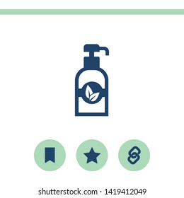 Shower Gel, Liquid Soap, Lotion, Cream, Shampoo, Bath Foam. Vector icon with bio symbol.