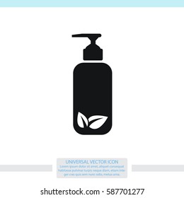 Shower Gel, Liquid Soap, Lotion, Cream, Shampoo, Bath Foam. Vector icon with bio symbol.