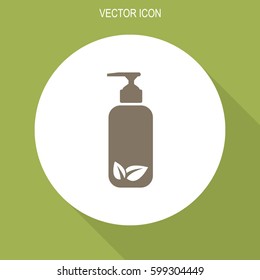 Shower Gel, Liquid Soap, Lotion, Cream, Shampoo, Bath Foam. Vector icon with bio symbol.