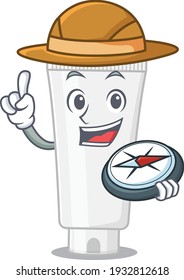 Shower gel mascot design style of explorer using a compass during the journey. Vector illustration