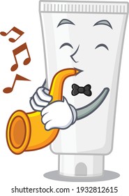 Shower gel musician of cartoon picture playing a trumpet on stage. Vector illustration