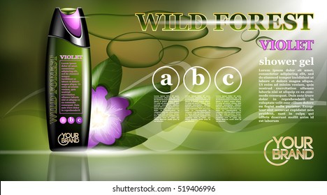 Shower gel natural orchid flower or violet aroma ads template, droplet bottle mock up isolated on dazzling background. Place for brand text. Glamorous fragrance sparkling effects. Vector illustration