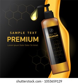 Shower Gel, Plastic Packaging with Shampoo Hair of honey The mockup design of brand vector illustrations