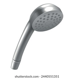 Shower head bathroom metallic equipment for water flow stream realistic vector illustration. Metal tool for aqua sprinkle refresh hygiene wash nozzle fixture flowing liquid droplet with handle