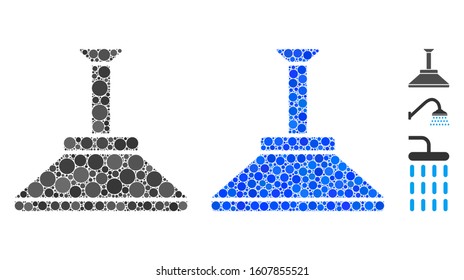 Shower head composition of circle elements in different sizes and shades, based on shower head icon. Vector round elements are united into blue composition.