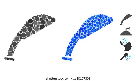 Shower head composition of small circles in various sizes and shades, based on shower head icon. Vector random circles are organized into blue composition.