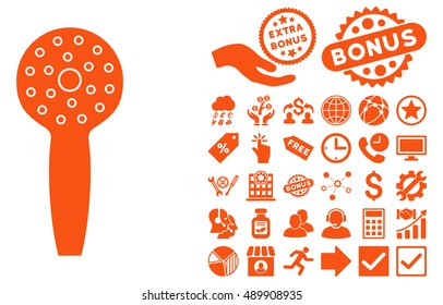 Shower Head icon with bonus design elements. Vector illustration style is flat iconic symbols, orange color, white background.