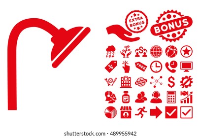 Shower Head icon with bonus icon set. Vector illustration style is flat iconic symbols, red color, white background.