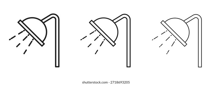 Conjunto de pictogramas negros con el logotipo del icono de la cabeza de ducha. arte de contorno de línea delgada.