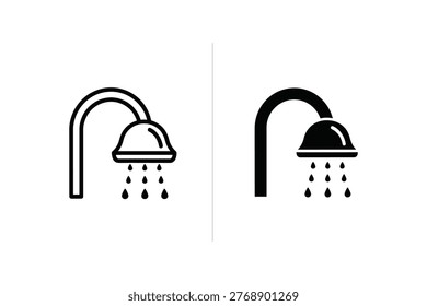 Shower Head Icon in Outline and Solid Styles, Representing Bathing and Water Flow