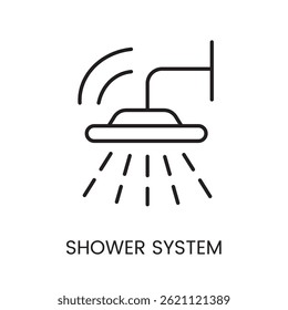 Shower head icon with wireless signal, symbolizing smart shower system, used in modern bathroom branding water control visuals and home automation interfaces line icon in vector with editable stroke.