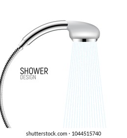 Shower head isolated on white with flowing water. Vector shower bathroom illustration.