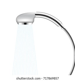 Shower head isolated on white with flowing water. Vector shower bathroom illustration.