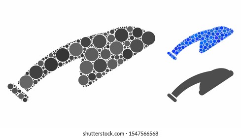 Shower head mosaic of small circles in various sizes and color hues, based on shower head icon. Vector small circles are united into blue mosaic. Dotted shower head icon in usual and blue versions.