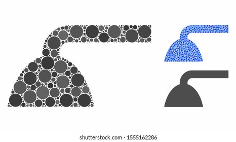 Shower head mosaic of spheric dots in various sizes and color hues, based on shower head icon. Vector random circles are combined into blue mosaic. Dotted shower head icon in usual and blue versions.