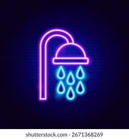 Señal de neón de la cabeza de ducha. Ilustración vectorial del objeto de fontanero brillante en estilo brillante. Icono de la lámpara llevada del baño de agua sobre fondo azul oscuro del ladrillo. 