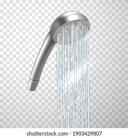 Shower Head Realistic Equipment. Water Flowing With Low Pressure At Bathroom. Metal Handheld Showerhead. Washroom Interior Object, Fixture. Vector Illustration Isolated On Transparent Background.