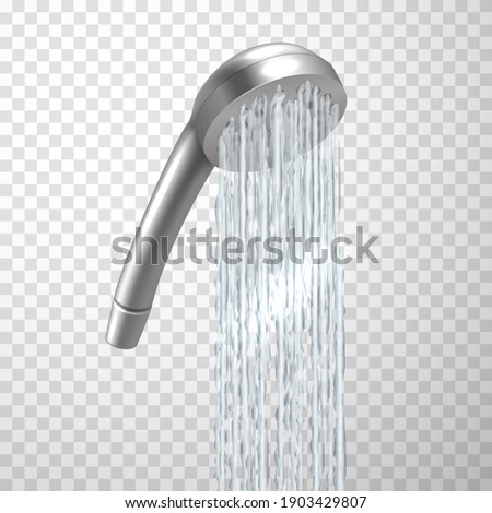 Shower head realistic equipment. Water flowing with low pressure at bathroom. Metal handheld showerhead. Washroom interior object, fixture. Vector illustration isolated on transparent background.