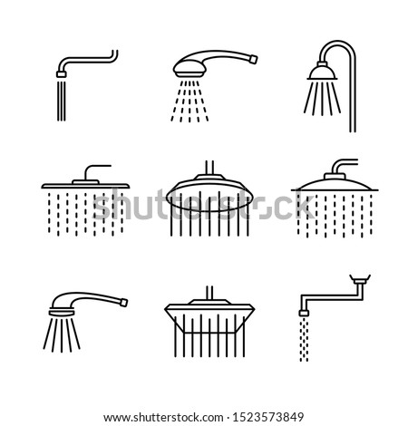 Shower head type icons set. Outline style different shower symbols. Douche shapes. Adjustable line width.