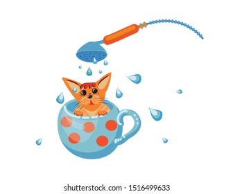 The shower head washes a small, red, sweet, unhappy kitten in a tea cup. Cool picture for children and adults. isolated image vector graphics