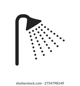 Shower head with water droplets, black silhouette icon. Bathroom shower symbol for washing and hygiene.