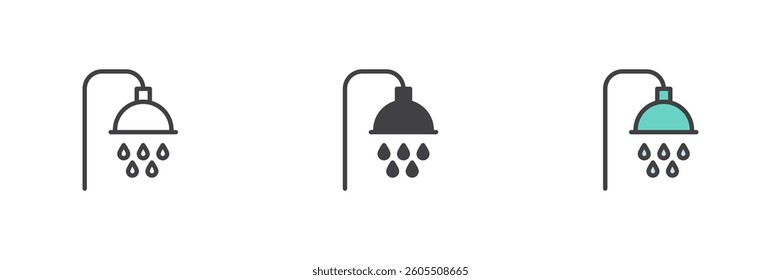 Shower head with water droplets different style icon set. Line, glyph and filled outline colorful version, outline and filled vector sign. Symbol, logo illustration. Vector graphics