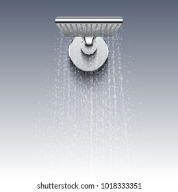 Shower Head With Water Drops Realistic Vector Illustration. Shower Water Splashing In Bathroom