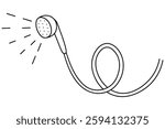 Shower head. Water flows from the shower, the hose is twisted into a spiral. Sketch. Vector illustration. Outline on an isolated white background. Doodle style. Device for washing the body.