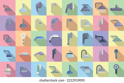 Shower heads icons set flat vector. Water bathroom. Falling hose