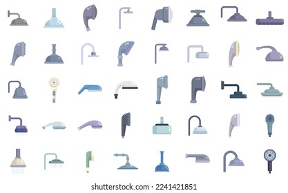 Shower heads icons set flat vector. Water bathroom. Falling hose isolated