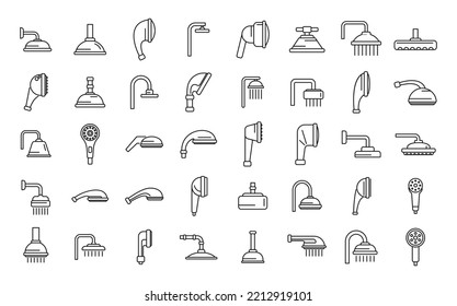 Shower heads icons set outline vector. Water bathroom. Falling hose