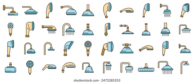 Shower heads icons set outline vector. Water bathroom. Falling hose thin line color flat on white