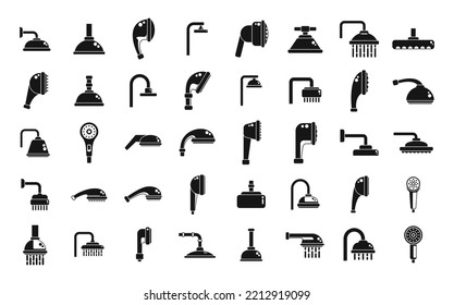 Los iconos de los cabezales de ducha establecen un simple vector. Cuarto de baño con agua. Manguera de caída