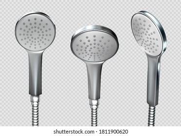 Shower heads with metal hoses and nozzles for water flowing, hand held bathroom device, modern standard bath room fixture isolated on transparent background Realistic 3d vector illustration, icons set