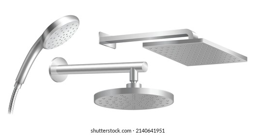 Shower heads with metal hoses and nozzles for water flowing, hand held bathroom device. Modern sprinkler bath room fixture isolated on white background. Realistic 3d vector illustration