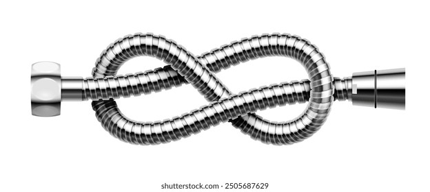 Shower hose with connecting screws bent into eight knot. Twisted bath hosepipe. Realistic vector illustration isolated on white background.