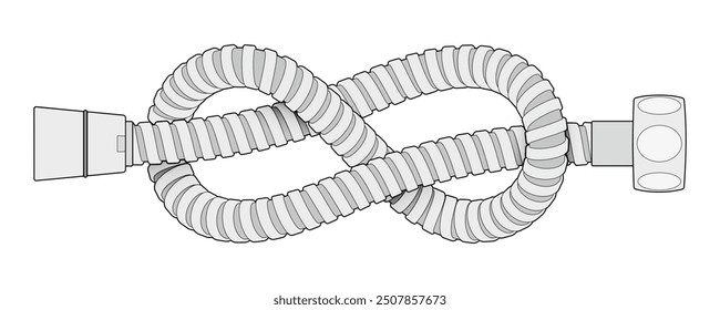 Shower hose with connecting screws bent into eight knot. Twisted bath hosepipe. Drawing vector illustration with editable outlines isolated on white background.