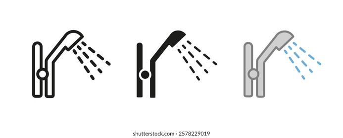 Shower icon. Bathroom sign. Hygiene symbol. Pouring water sprinkler shower vector illustration. Bathing and douche pictogram. Washroom spray. Cleanliness concept isolated outline, black and colored.