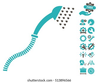 Shower icon with bonus configuration icon set. Vector illustration style is flat iconic grey and cyan symbols on white background.